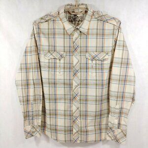 GUESS Plaid Clear Snap Button Epaulets Cool Cotton L/S Button Front Shirt Mens L